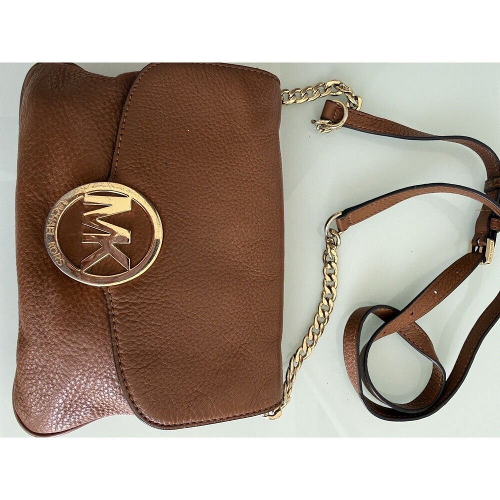 Michael Kors Brown Pebbled Leather Crossbody Flap Bag Gold Chain Purse